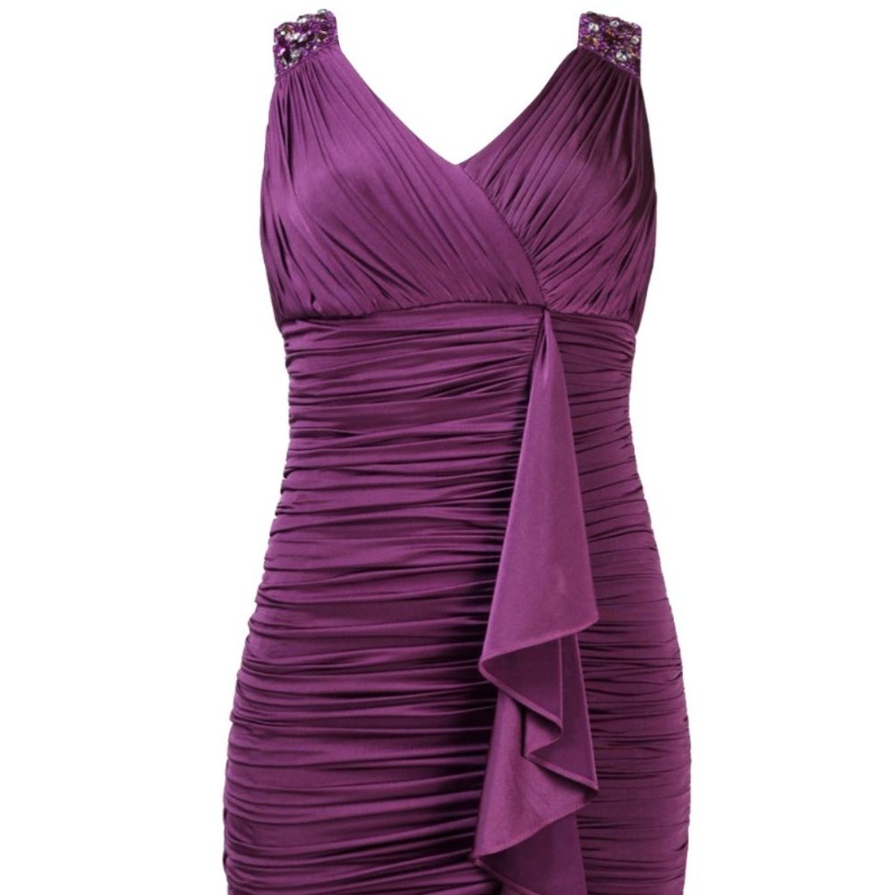 Beaded Shoulder Ruffle Detail Ruched Matte Jersey Dress